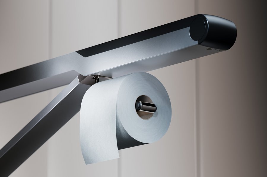 Stützklappgriff Barrierefreie Badprodukteserie KEUCO Axess, designt von Sudio F.A. Porsche mit Toilettenrollenhalter