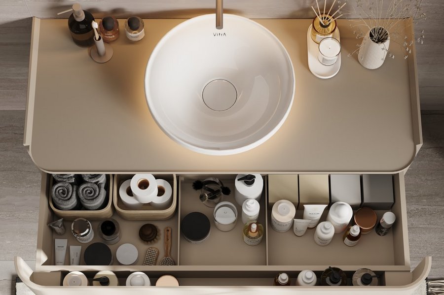 Waschtisch mit ausgezogener Schublade der Kollektion New Gala von VitrA