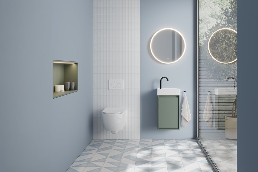 Gästebadvariante der Badmöbelserie Devio von burgbad