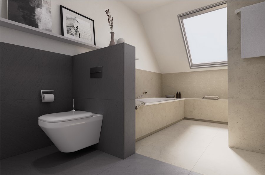 Unterteilung des Badezimmer in Zonen mit unterschiedlicher Farbgestaltung und einem Vorwandsystem von Viega