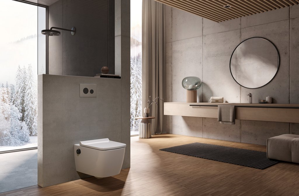 TECEneo Dusch-WC mit Bedienelementen in Schwarz Matt.