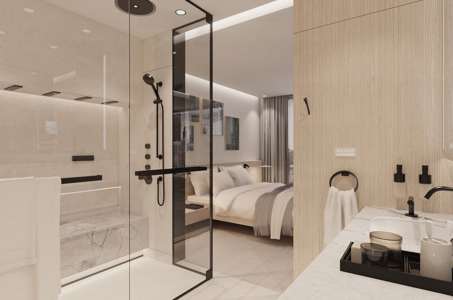 Badezimmerunterteilung in Trocken- und Nasszone in der Nestwell Spa Suite „Re-Charge“ von Sieger Design