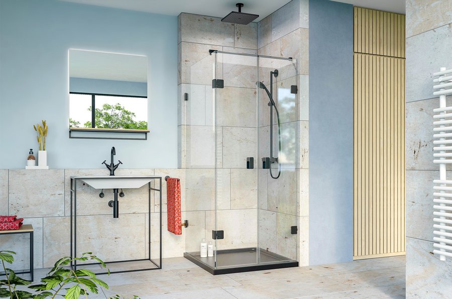 Ein raffinierter Brückenschlag zwischen Dusch- und Waschtischarmatur kann durch die Design-Beschläge der Serie Augustina von Glassdouche gesetzt werden.