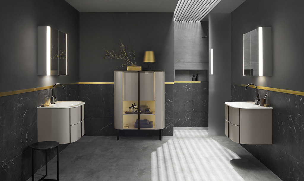 Kollektion Lavo 2.0 in Basalt Grau Matt mit Mineralguss-Flächenwaschtischen, Spiegelschränken und Highboard mit Innenschrank Kollektion Lavo 2.0 in Basalt Grau Matt mit Mineralguss-Flächenwaschtischen, Spiegelschränken und Highboard mit Innenschrank