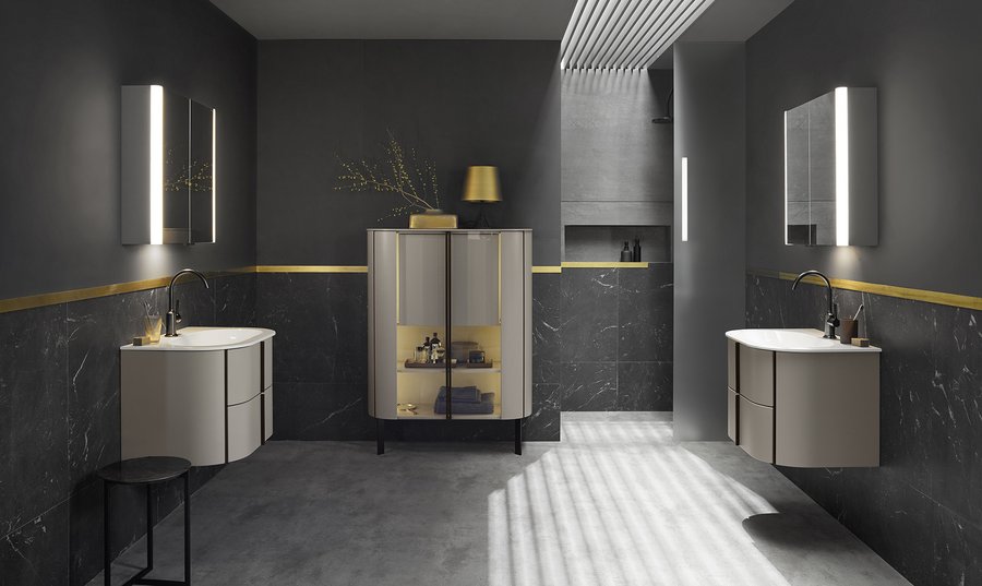Kollektion Lavo 2.0 in Basalt Grau Matt mit Mineralguss-Flächenwaschtischen, Spiegelschränken und Highboard mit Innenschrank