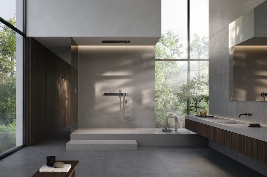Modern gestaltetes Badeszimmer mit Duschbereich ausgestattet mit dem Unterputz-Thermostat Grohtherm Aqua Tiles und den Deckenmodulen der Rainshower Aqua Tiles