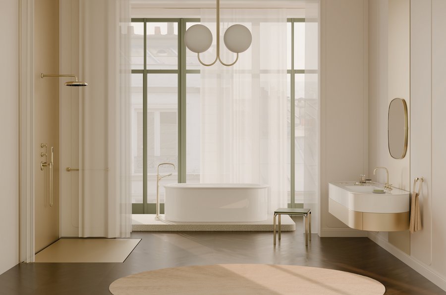 Kompletteinrichtung eines Badezimmers mit Armaturen der Serie Coya von Dornbracht. 