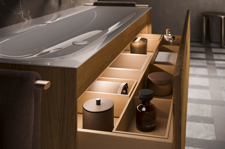 Schubladen der Kollektion Edition Lignatur Art von Keuco und Team 7 mit Push-to-open-Technik und Soft-close-Scharnieren       